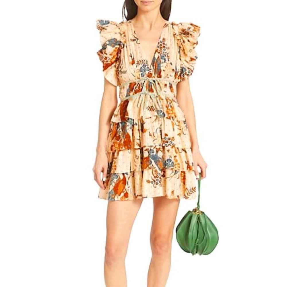 Ulla Johnson Marni Mini Dress Vintage Floral Ruffle Skirt in Egret Size 8 (M)